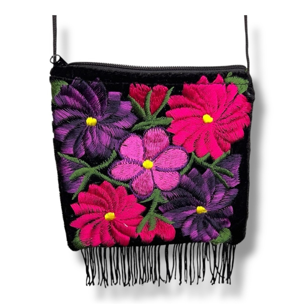 Black Velour Floral Embroidered Small Purse Pink Purple Puerto Vallarta